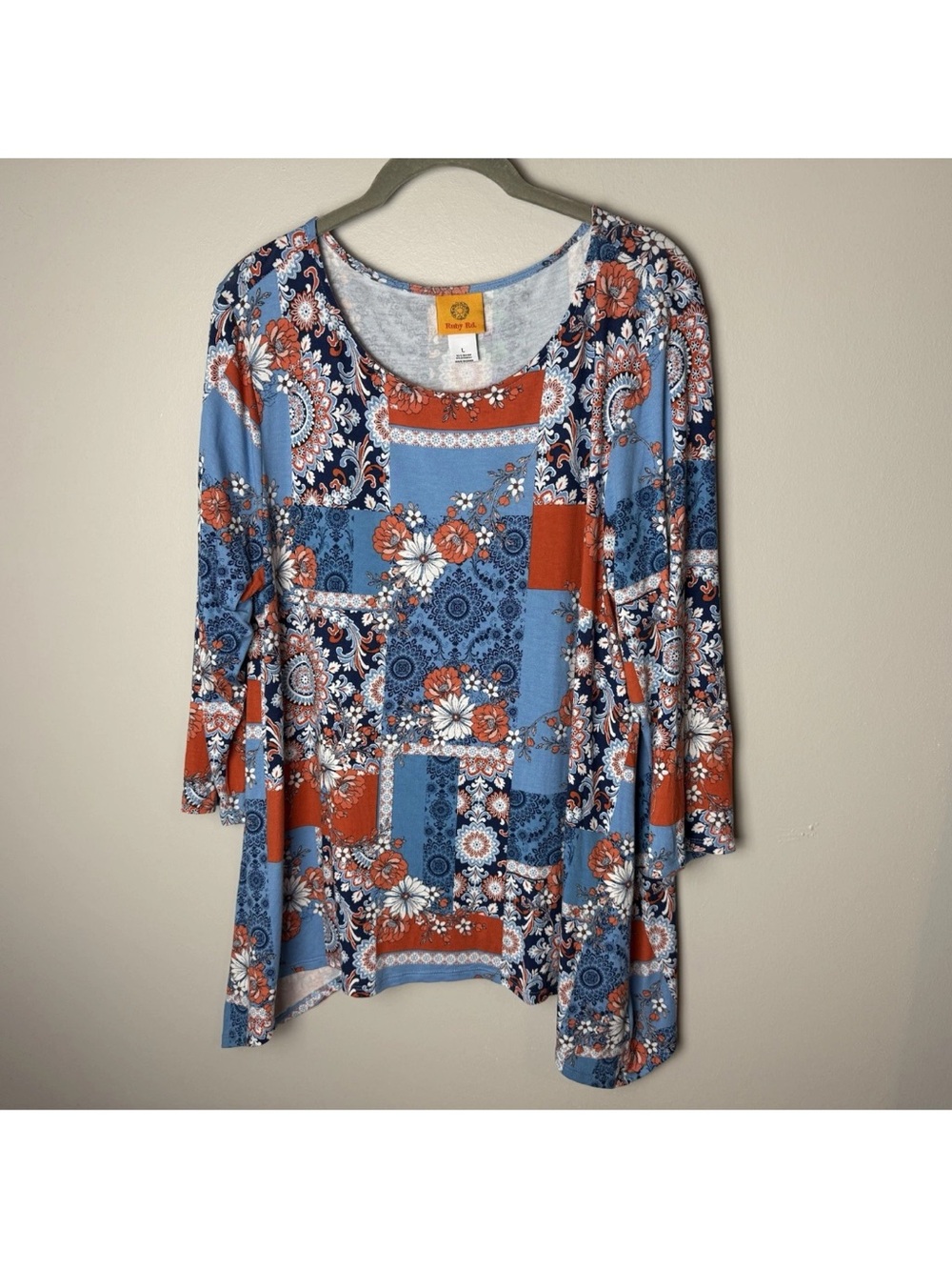 Ruby Rd Tunic Top Sz Large Blue Orange Floral Patchwork Boho 3/4 Sleeves Stretch - Picture 2 of 7